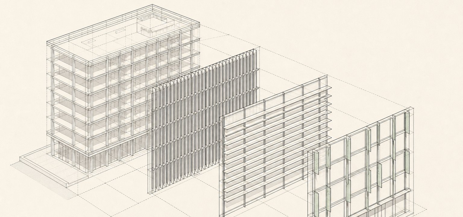 Visuel temporaire — axonométrie éclatée : un bâtiment, plusieurs options d’enveloppe et de brise-soleil