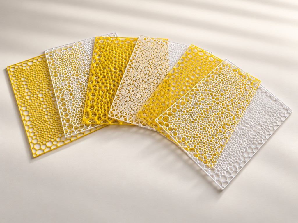 Échantillons de maillages jaunes et blancs imprimés en 3D, avant mise en forme