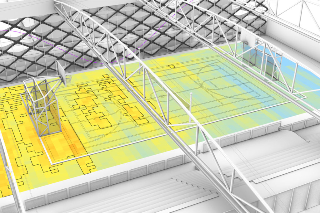 Computational design - Simulation de lumière naturelle sur le sol d'un gymnase pour la certification LEED. Représentation de la compétence en conception algorithmique pour le domaine de l'ingénierie environnementale.