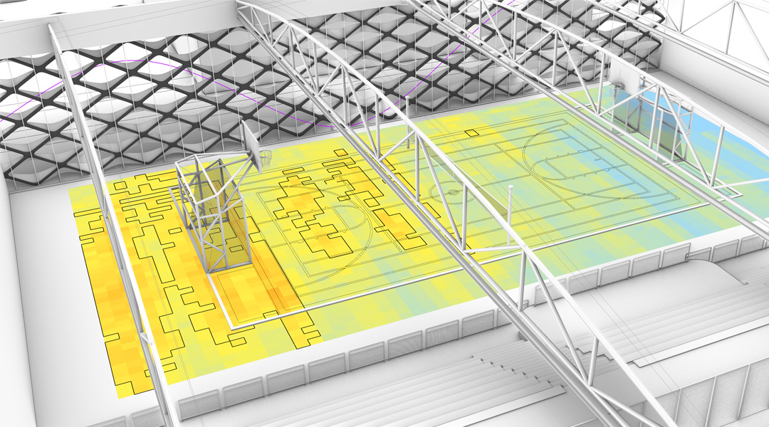 Computational design - Simulation de lumière naturelle sur le sol d'un gymnase pour la certification LEED. Représentation de la compétence en conception algorithmique pour le domaine de l'ingénierie environnementale.