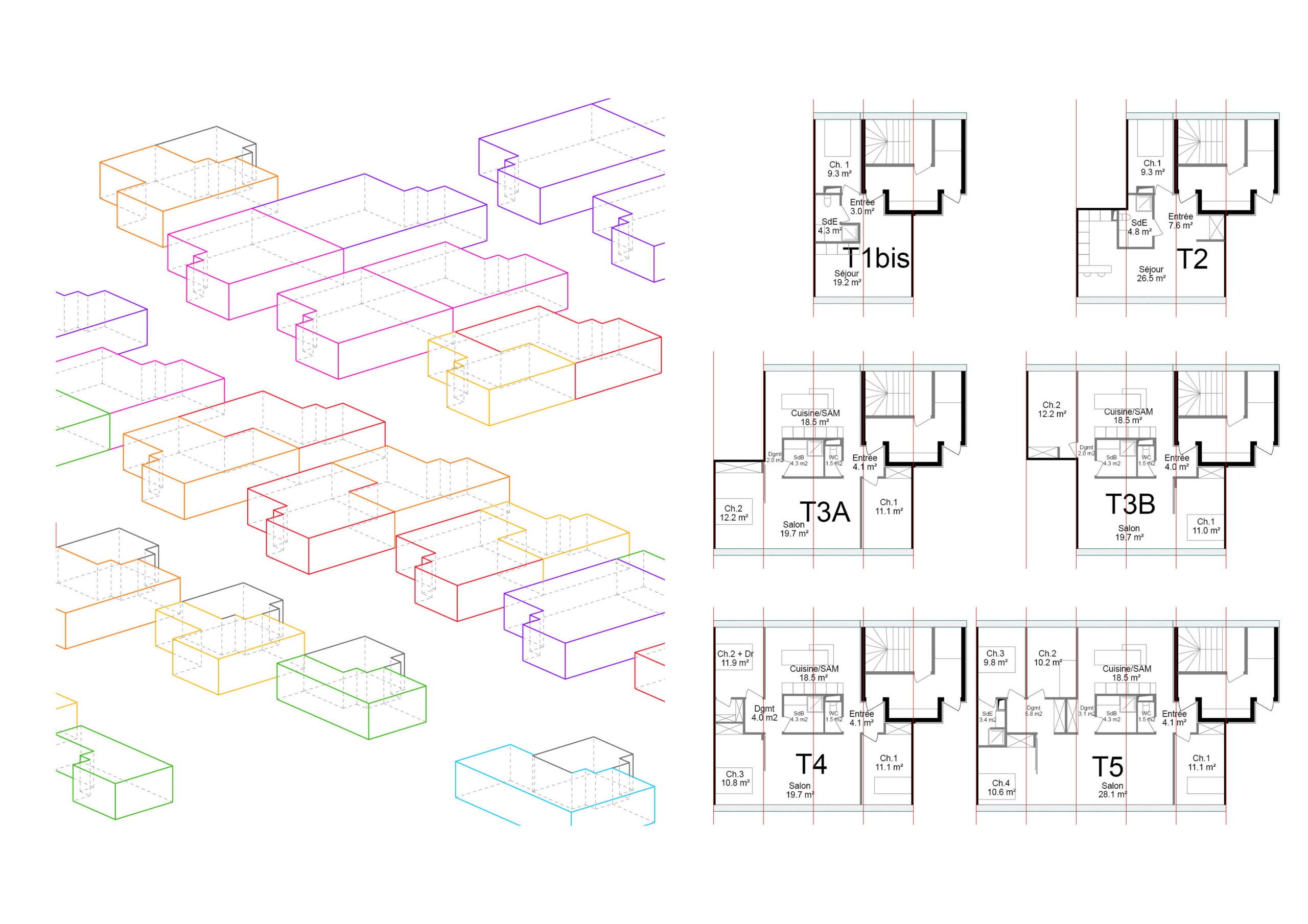 Datamorphoz - Computational design. Typologies de logements traversants avec des règles d'adjacence