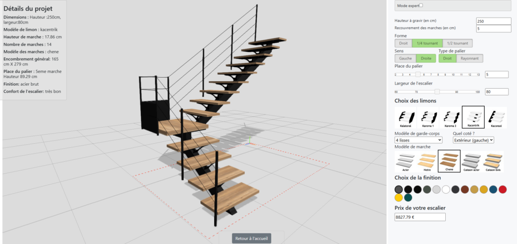Capture d'écran du Configurateur d'escalier proposé par Konfigurable