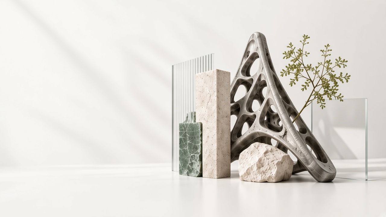 Studio : volumes lattice, pierre et sauge, flou de profondeur léger